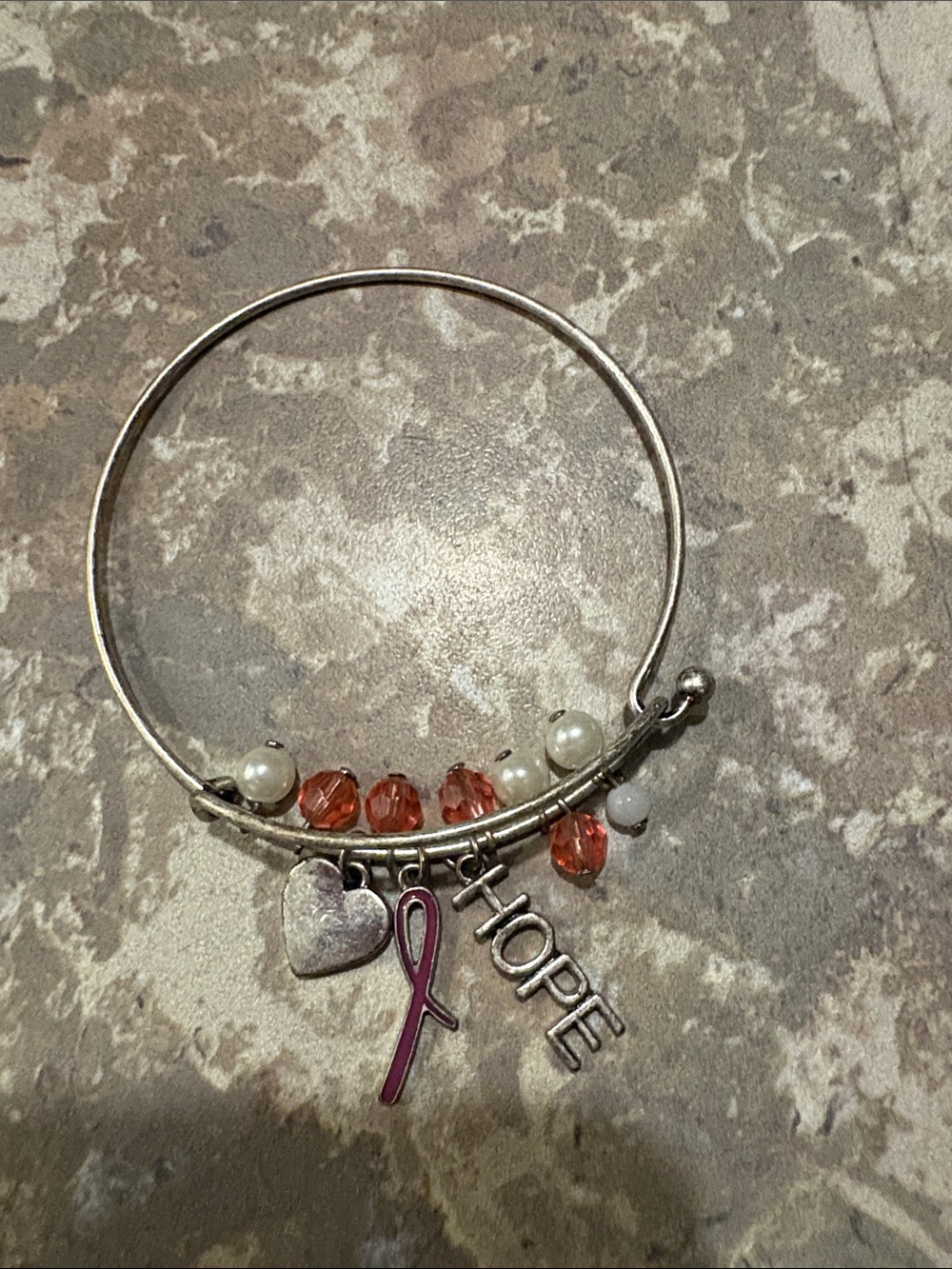 Avon Silver-Tone HOPE Bracelet with Pink Ribbon and Coral Beads - Breast Cancer